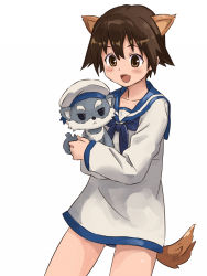 Rule 34 | 1girl, animal ears, bad id, bad pixiv id, blush, brown eyes, brown hair, dog, familiar, hat, holding, kuji kanesada, looking down, miyafuji yoshika, neckerchief, open mouth, school swimsuit, school uniform, shibasaki shouji, short hair, simple background, smile, solo, strike witches, swimsuit, swimsuit under clothes, tail, uniform, white background, world witches series