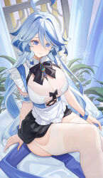 Rule 34 | 1girl, ahoge, alternate costume, apron, arm strap, black skirt, blue eyes, blue hair, blush, breasts, catsmoon, closed mouth, commentary request, furina (genshin impact), genshin impact, hair between eyes, highres, large breasts, long hair, signature, sitting, skirt, solo, thighhighs, thighs, white apron, white thighhighs