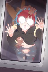 1boy 1girl against_glass animal_bag backpack bag bent_over black_hoodie blue_hair breasts clothed_sex creatures_(company) dbm eevee emphasis_lines game_freak gen_1_pokemon glasses grabbing_another&#039;s_breast groping hand_on_another&#039;s_head hood hood_down hoodie long_sleeves multicolored_hair navel nintendo nipples no_bra one_breast_out opaque_glasses open_mouth pantyhose penny_(pokemon) pokemon pokemon_sv print_pantyhose red_hair round_eyewear sex sex_from_behind silhouette small_breasts solo_focus stomach teeth torn_clothes torn_pantyhose train two-tone_hair upper_teeth_only window