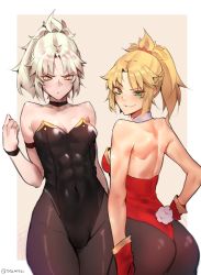 Rule 34 | 2girls, abs, absurdres, artist name, ass, black choker, black leotard, blonde hair, blush, blush stickers, border, choker, commentary, covered navel, dark persona, deccatezu, dress, english commentary, fate/grand order, fate (series), gloves, green eyes, grey choker, highres, leotard, looking at viewer, mordred (alter) (fate), mordred (fate), multiple girls, outside border, pantyhose, playboy bunny, ponytail, rabbit tail, red gloves, red leotard, red scrunchie, scrunchie, shoulder blades, smile, strapless, strapless dress, tail, tan background, thighs, twitter username, white border, yellow eyes