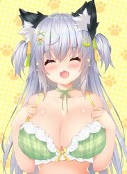 Rule 34 | 1girl, animal ear fluff, animal ears, blush, bra, breasts, cat ears, choker, cleavage, closed eyes, facing viewer, fang, hair between eyes, hair ornament, highres, lace, lace-trimmed bra, lace trim, large breasts, nipples, ooji cha, open mouth, original, oziko (ooji cha), paw print, ribbon choker, silver hair, solo, two side up, underwear, upper body, yellow background
