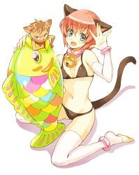 Rule 34 | 1girl, animal ears, anklet, barefoot, bell, bikini, blue eyes, bracelet, cat ears, cat tail, collar, detached sleeves, elbow gloves, fingerless gloves, fish, gloves, jewelry, jingle bell, neck bell, open m/, original, pink hair, sitting, solo, swimsuit, tail, thighhighs, toeless legwear, toes, wariza, white thighhighs, yuu (warm water)