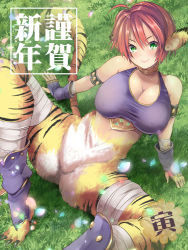 Rule 34 | 1girl, animal ears, body fur, breasts, breath of fire, breath of fire ii, cleavage, crop top, fingerless gloves, gloves, green eyes, hair between eyes, large breasts, looking at viewer, maki (seventh heaven maxion), red hair, rinpoo chuan, shiny skin, short hair, solo, tail, tiger ears, tiger girl, tiger tail