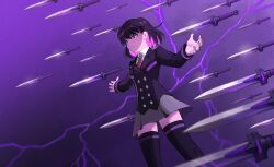 Rule 34 | 1girl, black hair, black jacket, black thighhighs, blazer, closed mouth, collared shirt, commentary, dagger, english commentary, grey skirt, hair between eyes, hands up, jacket, jourd4n, knife, lightning, minori yume (jourd4n), multicolored hair, necktie, original, pink hair, pleated skirt, red eyes, red necktie, school uniform, shirt, skirt, solo, thighhighs, two-tone hair, v-shaped eyebrows, weapon, white shirt