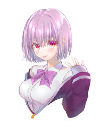 Rule 34 | 1girl, :p, absurdres, blush, bow, breasts, commentary request, dress shirt, eyelashes, eyes visible through hair, gridman universe, hair between eyes, hand up, highres, jacket, large breasts, light purple hair, looking at viewer, off shoulder, pink bow, purple jacket, red eyes, shinjou akane, shirt, short hair, simple background, sleeves past wrists, smirk, solo, ssss.gridman, straight hair, tongue, tongue out, upper body, white background, white shirt, zuzuhashi