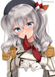 Rule 34 | 1girl, absurdres, beret, blue eyes, blush, breasts, buttons, epaulettes, frilled sleeves, frills, gloves, grey hair, grey shirt, hat, highres, himura moritaka, jacket, kantai collection, kashima (kancolle), large breasts, long hair, long sleeves, looking at viewer, military, military jacket, military uniform, neckerchief, paper, red neckerchief, shirt, smile, solo, twintails, twitter username, uniform, upper body, wavy hair, white gloves, white jacket