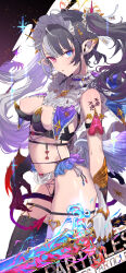 Rule 34 | 1girl, black hair, black thighhighs, blue eyes, blush, breasts, demon tail, demon wings, feathered wings, hair ornament, halo, heterochromia, highres, holding, holding sword, holding weapon, impossible clothes, long hair, looking at viewer, medium breasts, multicolored clothes, multicolored hair, navel, nipples, one breast out, original, pointy ears, red eyes, revealing clothes, solo, sword, tail, tajima ryuushi, tattoo, thighhighs, weapon, white hair, white thighhighs, wings