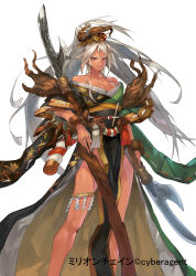 Rule 34 | 1girl, bare shoulders, breasts, cleavage, closed mouth, feet out of frame, floral print, glaive (polearm), hair between eyes, halberd, highres, holding, holding weapon, japanese clothes, kimono, kureta (nikogori), large breasts, legband, long hair, million chain, off shoulder, pelvic curtain, polearm, ponytail, red eyes, simple background, smile, solo, standing, very long hair, watermark, weapon, white background, white hair