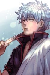 Rule 34 | 1boy, closed mouth, gintama, gradient background, hadanugi dousa, hair between eyes, holding, hungry clicker, japanese clothes, kimono, male focus, open clothes, open kimono, over shoulder, sakata gintoki, simple background, solo, sword, upper body, weapon, weapon over shoulder, white hair, wooden sword