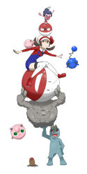 Rule 34 | 1girl, balancing, blue overalls, bow, brown eyes, brown hair, cabbie hat, commentary request, creatures (company), diglett, electrode (pokemon), game freak, gen 1 pokemon, gen 2 pokemon, gen 4 pokemon, graveler, hat, hat bow, highres, igglybuff, jigglypuff, knees together feet apart, long hair, lyra (pokemon), machop, marill, mikami, mime jr., nintendo, on head, outstretched arms, overalls, poke ball, poke ball (basic), pokemon, pokemon (creature), pokemon hgss, pokemon on arm, pokemon on head, red bow, red footwear, red shirt, shirt, shoes, simple background, sitting, sweat, thighhighs, twintails, voltorb, white background, white headwear, white thighhighs