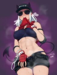 Rule 34 | 1girl, abs, baseball cap, black hat, black shorts, blush, breasts, clothes lift, clothes writing, covered erect nipples, cuffs, dated, demon girl, demon horns, demon tail, female focus, gloves, handcuffs, hat, helltaker, horns, justice (helltaker), linea alba, long hair, looking at viewer, midriff, navel, nipples, official alternate costume, panties, pubic hair, pubic hair peek, red background, red gloves, shorts, simple background, skin tight, solo, standing, steaming body, sunglasses, sweat, tail, toned female, toned stomach, tsukudani (coke-buta), underwear, undressing, watermark, white hair