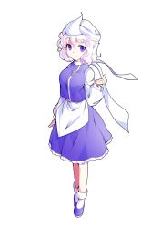 Rule 34 | 1girl, alphes (style), apron, arm at side, bobby socks, breasts, closed mouth, dairi, eyebrows, frilled skirt, frills, full body, hair between eyes, hat, highres, large breasts, letty whiterock, long sleeves, looking at viewer, parody, purple eyes, purple footwear, purple shirt, purple skirt, shirt, shoes, short hair, skirt, skirt set, smile, socks, solo, standing, style parody, tareme, touhou, transparent background, triangular headpiece, turtleneck, undershirt, waist apron, white apron, white hair, white hat, white shirt, white socks