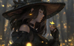 Rule 34 | 1girl, absurdres, black choker, black hair, black hat, blurry, blurry background, bug, butterfly, choker, closed eyes, commentary, depth of field, detached sleeves, english commentary, fingerless gloves, fireflies, forest, from side, gloves, glowing butterfly, guweiz, hat, highres, insect, lips, long hair, nature, nose, original, profile, solo, upper body, witch hat, yellow butterfly