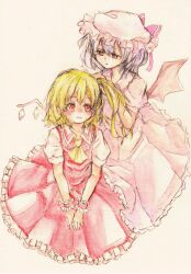 Rule 34 | 2girls, absurdres, ascot, bat wings, blonde hair, blush, collared shirt, colored pencil (medium), flandre scarlet, frilled shirt collar, frilled skirt, frills, highres, jisshi, looking at another, medium hair, multiple girls, no headwear, one side up, pink headwear, pink shirt, pink skirt, puffy short sleeves, puffy sleeves, purple hair, red eyes, red skirt, red vest, remilia scarlet, shirt, short sleeves, siblings, sisters, skirt, touhou, traditional media, vest, white shirt, wings, wrist cuffs, yellow ascot