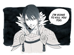 1boy aiguillette alfonse_(fire_emblem) armor asymmetrical_hair breastplate commentary cropped_torso english_commentary english_text feather_trim feathers fire_emblem fire_emblem_heroes gorget greyscale hair_between_eyes highres male_focus monochrome nintendo pauldrons satanslash shoulder_armor smile solo speech_bubble tassel teeth upper_body