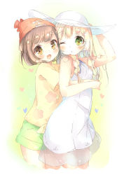 Rule 34 | 2girls, :d, adjusting clothes, adjusting headwear, arm up, bad id, bad pixiv id, beanie, blonde hair, blush, braid, brown hair, commentary request, creatures (company), dress, floral print, game freak, green eyes, green shorts, hat, heart, highres, hug, hug from behind, kuma (happylocation), lillie (pokemon), long hair, multiple girls, nintendo, one eye closed, open mouth, pokemon, pokemon sm, red hat, selene (pokemon), shirt, short hair, short sleeves, shorts, sleeveless, sleeveless dress, smile, sun hat, swept bangs, tied shirt, twin braids, white dress, white hat, yellow eyes, yellow shirt, yuri