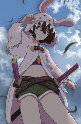 Rule 34 | 1girl, adapted costume, adjusting hood, animal hood, belt, black hair, carrot necklace, cloud, cloudy sky, cowboy shot, crop top, cutoffs, from below, fur-trimmed jacket, fur trim, green shorts, grin, highres, hood, hooded jacket, inaba tewi, jacket, long sleeves, looking at viewer, looking down, midriff, multiple belts, navel, necklace, nurupo (abooon), open clothes, open jacket, outdoors, pink jacket, rabbit hood, red eyes, shorts, sky, slit pupils, smile, solo, standing, sword, touhou, weapon