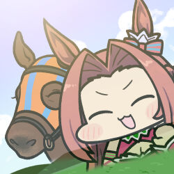 Rule 34 | 1girl, animal ears, bare shoulders, blush stickers, breasts, brown hair, chibi, cleavage, closed eyes, cloud, commentary, creature and personification, ear ornament, grass, hair intakes, horse, horse ears, horse girl, jazz jack, kawakami princess (horse), kawakami princess (umamusume), lowres, medium breasts, mountain, open mouth, sky, umamusume, waving