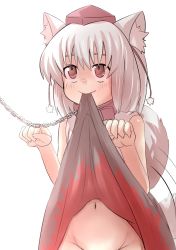Rule 34 | 1girl, animal ears, chain, clothes in mouth, clothes lift, collar, female focus, gaoo (frpjx283), groin, hat, inubashiri momiji, mouth hold, navel, no panties, out-of-frame censoring, print skirt, red eyes, red skirt, short hair, simple background, skirt, skirt in mouth, skirt lift, solo, tail, tail wagging, tokin hat, touhou, upper body, wolf ears, wolf tail