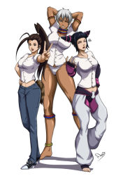 Rule 34 | 3girls, ahoge, anklet, armlet, arms behind head, artist name, bad deviantart id, bad id, barefoot, breasts, brown hair, capcom, casual, dark-skinned female, dark skin, drill hair, elena (street fighter), fingerless gloves, full body, gloves, grin, hair slicked back, han juri, height difference, high ponytail, highres, huge ahoge, huge breasts, ibuki (street fighter), jewelry, large breasts, magion02, medium breasts, midriff, multiple girls, neck ring, no pants, one eye closed, panties, pointy hair, raccoon tail, shirt, short sleeves, short twintails, signature, smile, squiggle, standing, street fighter, street fighter iii (series), street fighter iv (series), tail, tall, twin drills, twintails, underwear, v, white hair, white panties, white shirt, wink