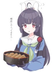 Rule 34 | 1girl, ahoge, animal ears, baozi, black gloves, black hair, blue archive, blue dress, blush, bowl, breasts, collarbone, commentary request, dress, fake animal ears, food, gloves, green neckerchief, halo, hands up, highres, holding, holding bowl, long hair, long sleeves, looking to the side, medium breasts, miyu (blue archive), neckerchief, open mouth, pink eyes, puffy long sleeves, puffy sleeves, rabbit ears, rabbit platoon (blue archive), sailor collar, sanz zzz, sidelocks, simple background, solo, tongue, translation request, white background