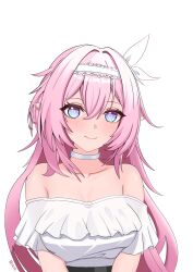 1girl absurdres bare_shoulders blue_eyes choker collarbone elysia_(honkai_impact) gradient_eyes hair_ribbon hairband highres honkai_(series) honkai_impact_3rd long_hair looking_at_viewer multicolored_eyes off-shoulder_shirt off_shoulder pink_hair pointy_ears purple_eyes ribbon ruabibi shirt short_sleeves simple_background smile solo upper_body very_long_hair white_background white_choker white_hairband white_ribbon white_shirt