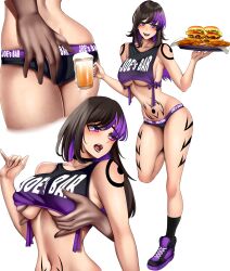 Rule 34 | 1girl, absurdres, alcohol, ass, ass grab, beer, black choker, black hair, black tank top, blush, breasts, burger, choker, commission, commissioner upload, fangs, food, groping, hand under clothes, hand under shirt, highres, leg tattoo, medium breasts, multicolored hair, non-web source, original, panties, purple eyes, purple hair, shirt, shoes, shoko the alien, shoulder tattoo, sneakers, socks, stomach tattoo, tank top, tattoo, thighs, underwear, waitress, whitewaffle