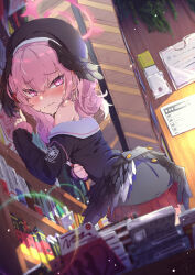 Rule 34 | 1girl, absurdres, beret, black hat, black shirt, black wings, blue archive, blush, book, bookshelf, closed mouth, hair between eyes, halo, hat, head wings, highres, indoors, koharu (blue archive), long hair, long sleeves, looking at viewer, pink eyes, pink hair, pink halo, pleated skirt, red skirt, rojyuhi, sailor collar, sailor shirt, shirt, skirt, solo, twintails, white sailor collar, wings
