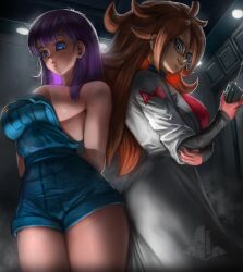 Rule 34 | 2girls, absurdres, aged up, alternate breast size, android 21, arms behind back, ass, bare arms, blue eyes, breasts, brown hair, checkered clothes, checkered dress, closed mouth, coat, controller, detached sleeves, dr. slump, dragon ball, dragon ball fighterz, dress, earrings, elite nappa, evil smile, expressionless, glasses, highres, holding, holding controller, hoop earrings, indoors, jewelry, lab coat, laboratory, large breasts, long hair, mind control, multiple girls, no bra, norimaki arale, overalls, purple hair, red ribbon army, smile, standing, white coat