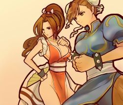 Rule 34 | 2girls, bracelet, breasts, brown hair, capcom, capcom vs snk, chun-li, crossover, double bun, fatal fury, hand fan, jewelry, large breasts, multiple girls, ponytail, shiranui mai, snk, spiked bracelet, spikes, street fighter, the king of fighters