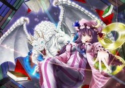 Rule 34 | 1girl, book, crescent, dragon, female focus, hat, jyun, library, patchouli knowledge, purple eyes, purple hair, solo, touhou, voile