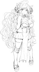Rule 34 | 1girl, ahoge, anila (granblue fantasy), blunt bangs, blush, breasts, cleavage, curly hair, curvy, draph, fur collar, gloves, granblue fantasy, greyscale, groin, highres, horns, large breasts, long hair, looking at viewer, monchan rev3, monochrome, pelvic curtain, pleated skirt, sheep horns, short eyebrows, sidelocks, skindentation, skirt, smile, solo, thick eyebrows, thighhighs, very long hair