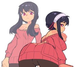 Rule 34 | 1girl, ass, bent over, black hair, black pants, breasts, butt crack, cleavage, earrings, hairband, jewelry, large breasts, long sleeves, looking at viewer, looking back, multiple views, off-shoulder sweater, off shoulder, pants, pink sweater, red eyes, sidelocks, simple background, sketch, slammo, solo, spy x family, sweater, upper body, white background, white hairband, yor briar