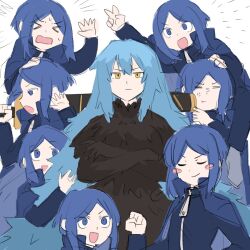 Rule 34 | 115 koubunshi, 1girl, 1other, angela (project moon), annoyed, blue coat, blue eyes, blue hair, cheek poking, closed eyes, coat, feather-trimmed dress, hands in hair, happy, holding, holding sword, holding weapon, library of ruina, light blush, long hair, multiple girls, poking, project moon, rock paper scissors, short hair, sketch, smug, sword, the bookhunter, very long hair, weapon, white background, yellow eyes