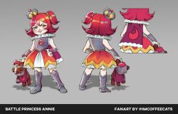 Rule 34 | 1girl, absurdres, alternate costume, annie (league of legends), armor, armored boots, artist name, bare shoulders, boots, cape, character name, crown, dress, elise (imcoffeecats), flipped hair, gradient background, grey background, highres, holding, kneehighs, knight, league of legends, medium hair, purple cape, red cape, red dress, red hair, short hair, side ponytail, smile, socks, stuffed animal, stuffed toy, teddy bear, tibbers, white dress