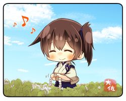 Rule 34 | 1girl, bad id, bad twitter id, blue hakama, blue sky, brown hair, closed eyes, cloud, clover, day, eighth note, flower, flower necklace, full body, hakama, hakama skirt, happy, japanese clothes, jewelry, kaga (kancolle), kantai collection, lei, long hair, musical note, necklace, outdoors, side ponytail, skirt, sky, smile, solo, taisa (kari), tasuki, upper body