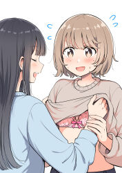 Rule 34 | 2girls, absurdres, betock, black hair, blue sweater, blush, bob cut, bra, brown eyes, brown hair, brown sweater, closed eyes, commentary request, highres, long hair, long sleeves, multiple girls, nervous sweating, open mouth, original, pink bra, short hair, simple background, sweat, sweater, teeth, underwear, undressing another, upper body, upper teeth only, white background, yuri