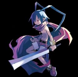 Rule 34 | 1boy, black background, blue hair, disgaea, full body, harada takehito, jewelry, laharl, long hair, male focus, official art, pendant, pointy ears, red eyes, red shorts, scarf, shorts, simple background, solo, sword, weapon