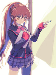 Rule 34 | 1girl, ahoge, akayama yukihe, backlighting, black jacket, blush, bow, brown eyes, brown hair, closed mouth, commentary, cowboy shot, day, eyes visible through hair, frown, grey skirt, hair between eyes, hands up, highres, holding, holding notepad, holding pen, indoors, jacket, little busters!, long hair, looking at viewer, miniskirt, natsume rin, notepad, pen, pink bow, plaid, plaid skirt, pleated skirt, ponytail, school uniform, sidelocks, skirt, sleeves past wrists, solo, standing, very long hair, window
