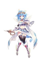 Rule 34 | 1girl, arm guards, armor, black thighhighs, blue hair, boots, breasts, collar, dagger, full body, fur trim, gem, genkai tokki moero crystal, hair ornament, highres, hirano katsuyuki, holding, holding weapon, jewelry, knee boots, knife, medium breasts, midriff, miniskirt, open mouth, purple eyes, red eyes, short hair, shoulder pads, simple background, skirt, smile, solo, swimsuit, thighhighs, weapon, white background, white wings, wings, zettai ryouiki