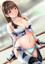 Rule 34 | 1girl, anegasaki nene, animal print, bare shoulders, breasts, brown eyes, chaps, cleavage, collar, company connection, cosplay, cow print, cowboy western, crop top, dixie clemets, dixie clemets (cosplay), konami, large breasts, love plus, midriff, mole, mole under eye, nannacy7, navel, open clothes, panties, rumble roses, short hair, smile, solo, underwear, wrestling outfit