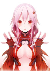 Rule 34 | 10s, 1girl, bare shoulders, blush, breasts, cat&#039;s cradle, center opening, cleavage, colored eyelashes, elbow gloves, fingerless gloves, fingernails, gloves, guilty crown, hair ornament, hairclip, highres, long hair, looking at viewer, medium breasts, open m/, pink hair, red eyes, rokunashi hitonashi, solo, twintails, upper body, yuzuriha inori