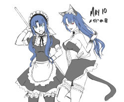 Rule 34 | 1girl, 2girls, alternate costume, animal ears, apron, arm behind head, axia-chan, black ears, blue eyes, breasts, cat ears, cat tail, ciel (tsukihime), enmaided, fake animal ears, garter straps, hand on own hip, long hair, looking at viewer, maid, maid apron, maid headdress, medium breasts, multiple girls, multiple views, ponytail, red eyes, sideboob, sidelocks, sketch, smile, tail, thighhighs, thighs, tsukihime, type-moon, white background