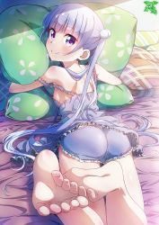 Rule 34 | 1girl, absurdres, ass, back, barefoot, bed, bed sheet, bedroom, blunt bangs, blush, breasts, camisole, closed mouth, feet, feet up, foot focus, foreshortening, highres, indoors, legs, light purple hair, long hair, looking back, lying, makicha (sasurainopink), new game!, hugging object, on bed, on stomach, pajamas, pillow, pillow hug, purple eyes, short shorts, shorts, shoulder blush, sleepwear, small breasts, smile, solo, spaghetti strap, strap slip, sunlight, suzukaze aoba, toes, twintails