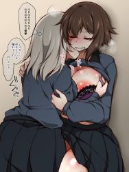 Rule 34 | 2girls, absurdres, against wall, beige background, black skirt, bra, breasts, brown hair, clenched teeth, girls und panzer, grey hair, heavy breathing, highres, itsumi erika, jenigata, kuromorimine school uniform, large breasts, leg between thighs, military, multiple girls, nipples, nishizumi maho, pleated skirt, purple bra, saliva, school uniform, short hair, skirt, speech bubble, standing, sweat, teeth, thought bubble, translation request, underwear, yuri