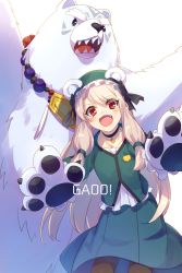 Rule 34 | 1girl, alternate costume, animal, animal ears, animal hands, bead necklace, beads, bear, bear ears, bear paws, black ribbon, blush, commentary request, dress, echo (circa), fang, fate/grand order, fate (series), gao, gloves, green dress, hair between eyes, hair ornament, hair ribbon, illyasviel von einzbern, jewelry, long hair, looking at viewer, necklace, open mouth, pantyhose, paw gloves, polar bear, red eyes, ribbon, sharp teeth, shirou (bear) (fate), silver hair, simple background, sitonai (fate), smile, teeth, white background
