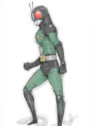Rule 34 | 1boy, antennae, belt, black gloves, bodysuit, buckle, clenched hands, elbow gloves, gloves, headphones, helmet, kamen rider, kamen rider black rx, kamen rider black rx (series), kyuraa (kyura9een), male focus, masked rider, simple background, solo, standing, white background