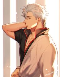 Rule 34 | 1boy, artist name, bad id, bad twitter id, gintama, hair slicked back, hand in own hair, japanese clothes, looking at viewer, male focus, onegingek, profile, red eyes, sakata gintoki, silver hair, solo, upper body