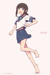 Rule 34 | 1girl, :d, barefoot, black hair, blue skirt, character name, clenched hands, dated, fubuki (kancolle), full body, green eyes, highres, kantai collection, looking at viewer, low ponytail, nakaaki masashi, open mouth, pink background, pleated skirt, school uniform, serafuku, short hair, short ponytail, short sleeves, sidelocks, simple background, skirt, smile, solo, twitter username