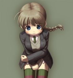 Rule 34 | 00s, 1girl, blazer, blue eyes, braid, brown hair, covering crotch, covering privates, green necktie, harak, jacket, long hair, lynette bishop, necktie, shirt tug, single braid, solo, strike witches, striped clothes, striped thighhighs, sweater, sweater vest, thighhighs, vest, world witches series, worried